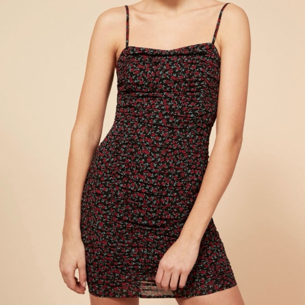 Reformation Black Mini Dress with Red Floral Print